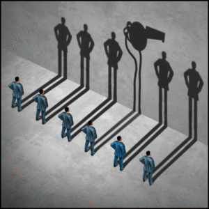 Employees casting strong shadows symbolizing empowerment through anonymous whistleblower hotline reporting